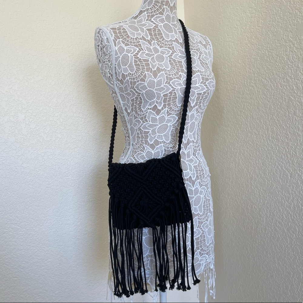 Tropiko Black Macramé Tassel Crossbody Bag NWT